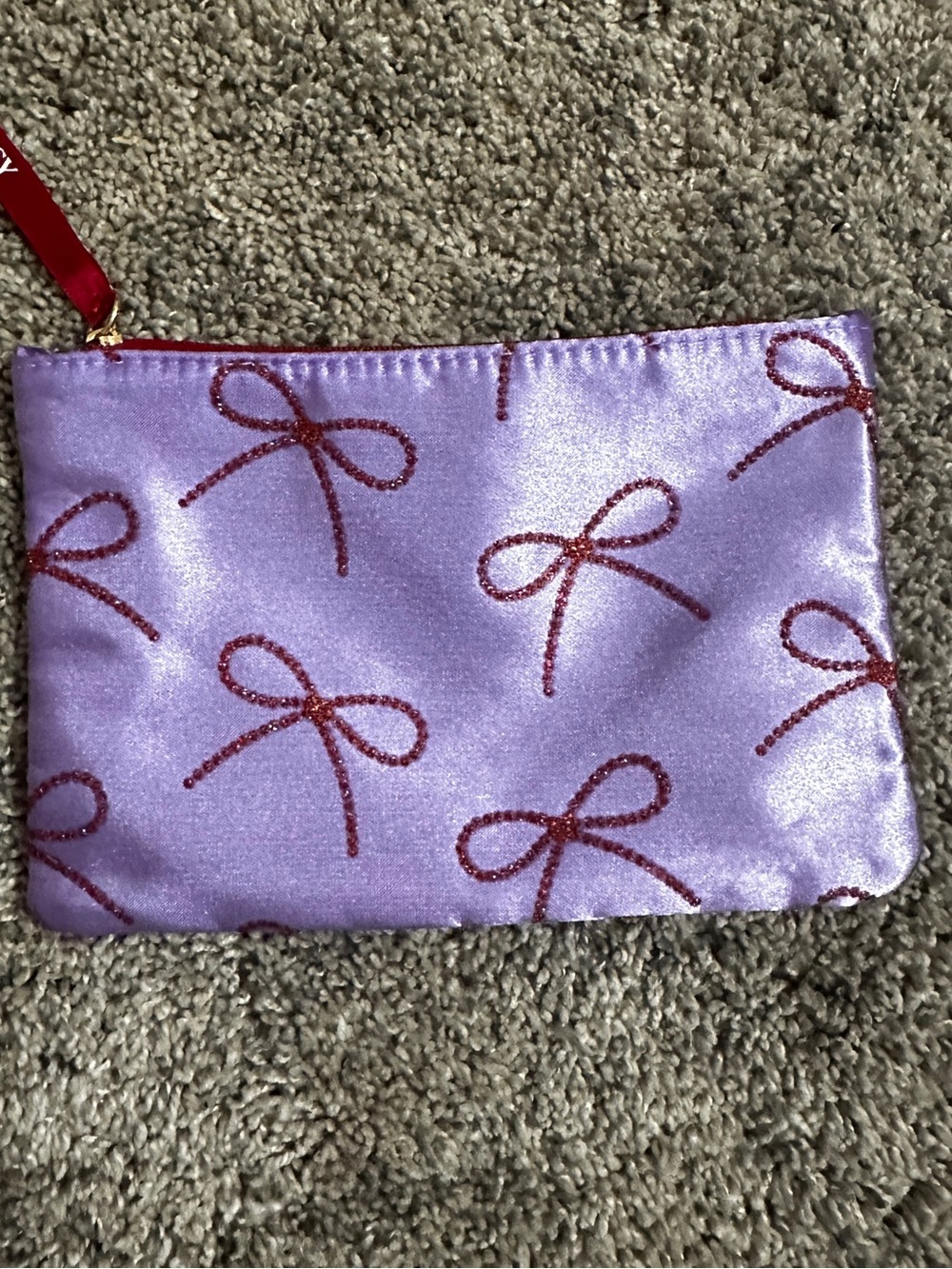 ipsy Lavender Satin Cosmetic Pouch with Red Bow Accents